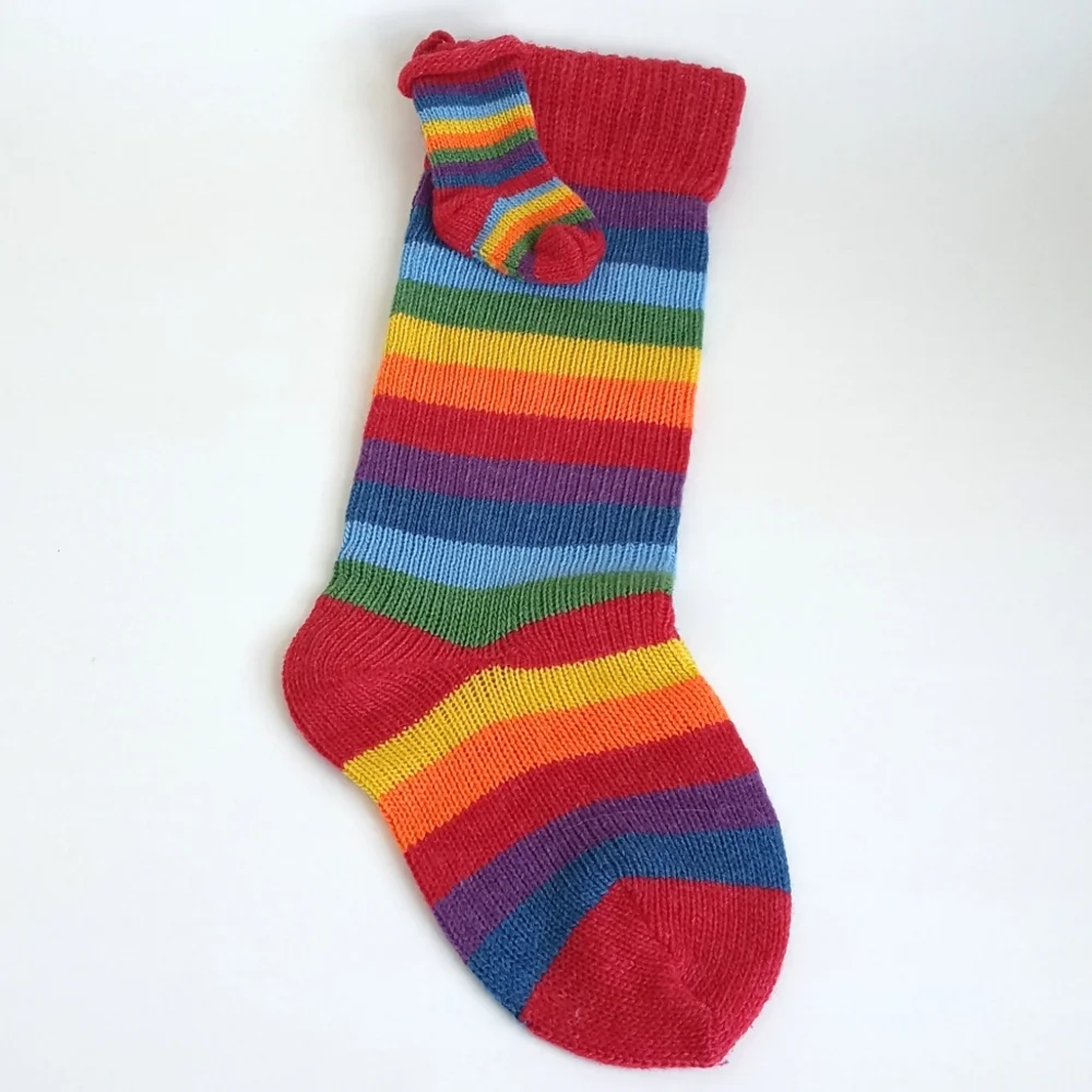 Christmas Rainbow Stripe Knit Stocking With Mini Knit Stocking